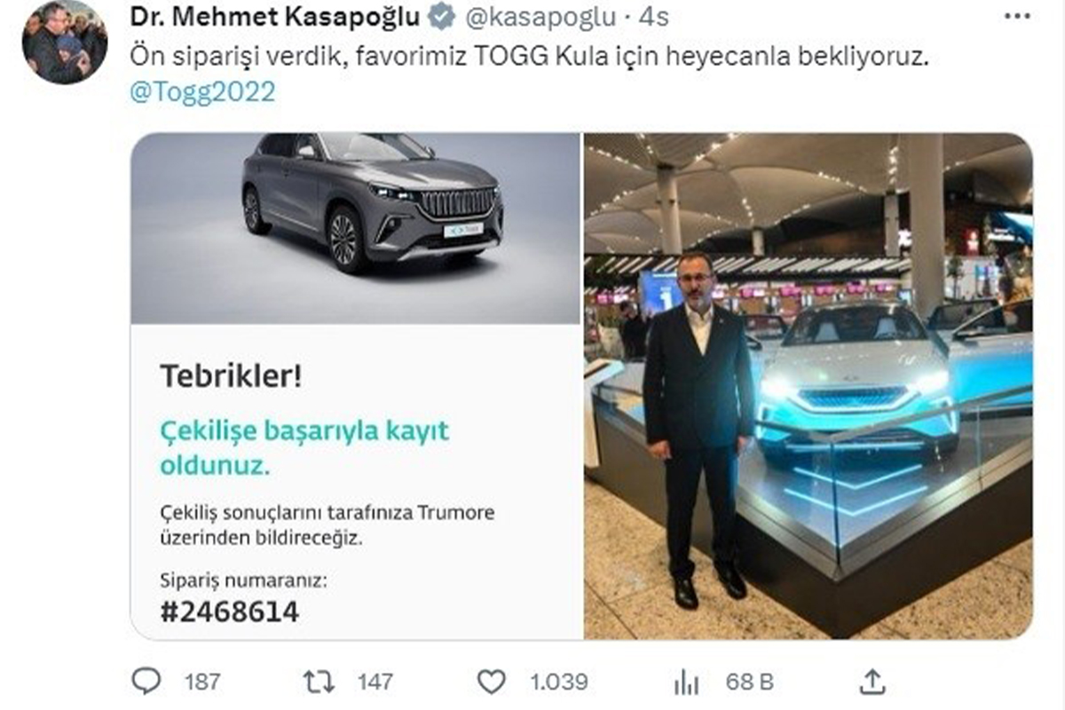 Bakan Kasapoğlu&#039;nun TOGG tercihi memleketinin rengi Kula oldu