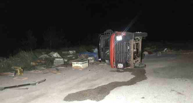 Arı kovanı yüklü pikap yan yattı, 60 kovan arı telef oldu