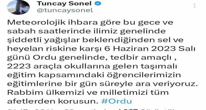 Ordu’da sel tehlikesi nedeniyle taşımalı sistem eğitime 1 gün ara verildi