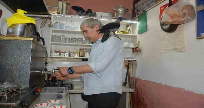 Çay ocağının maskotu Paşa isimli karga ile sahibinin ilginç dostluğu
