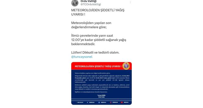 Ordu için çok kuvvetli ve şiddetli sağanak uyarısı