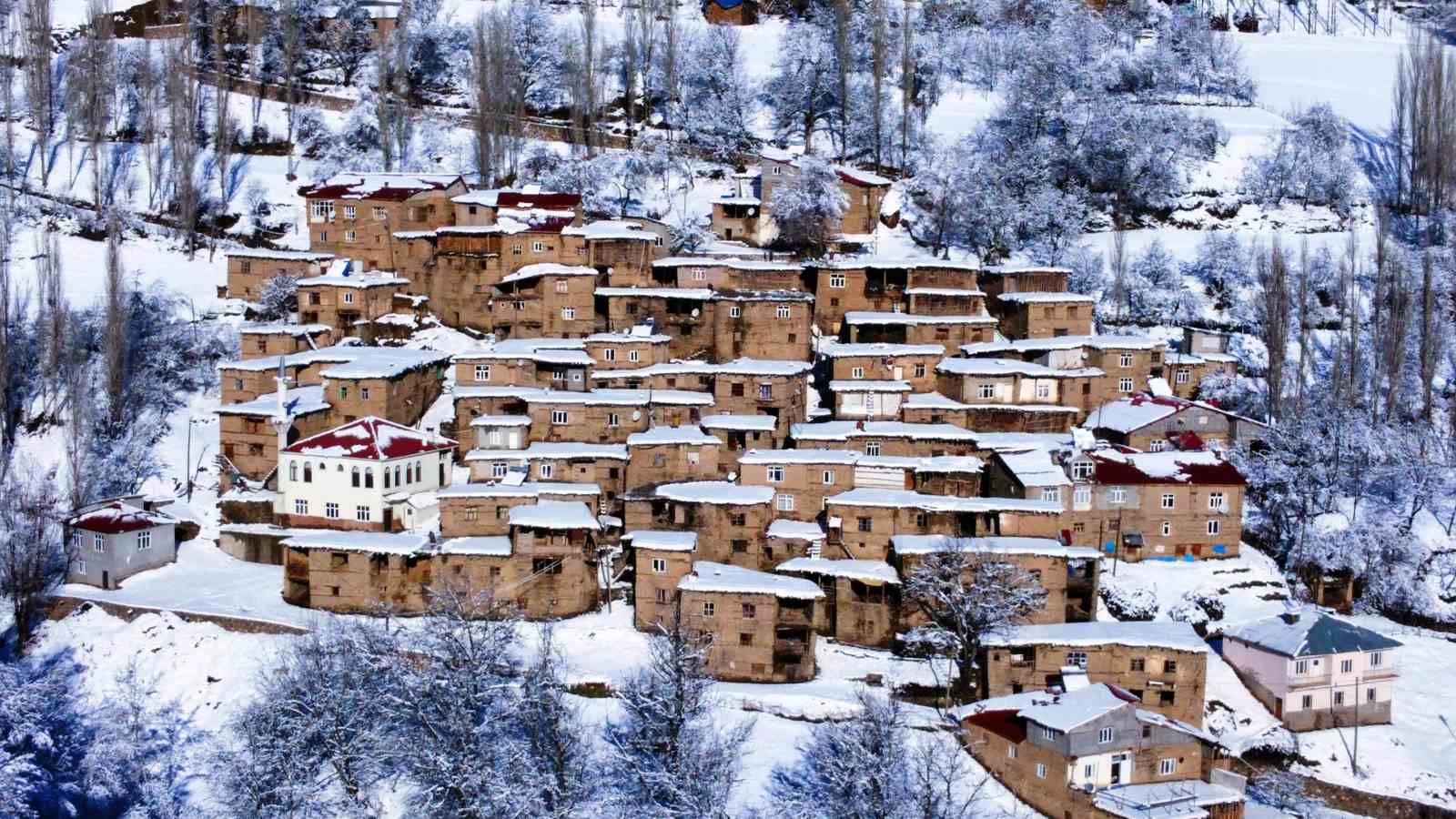 Taş evlerin kartpostallık kış manzarası
