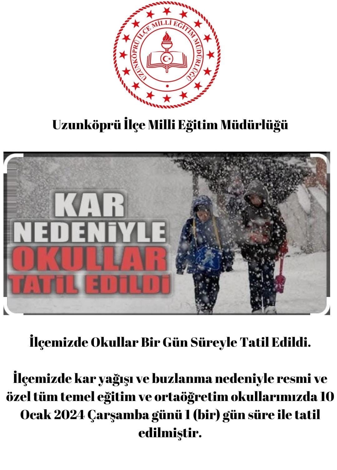 Uzunköprü’de okullara 1 günlük kar tatili