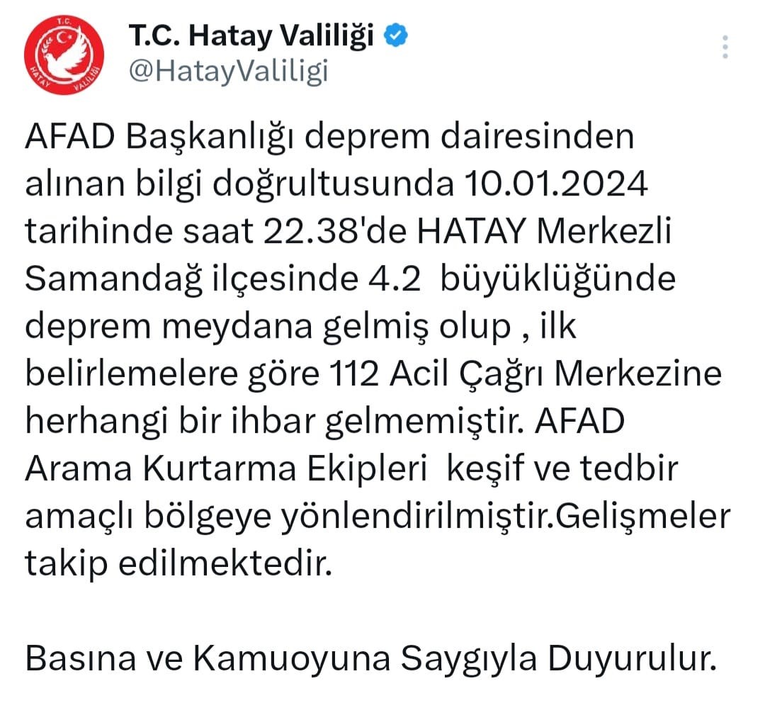 Hatay Valiliğinden 4.2 büyüklüğündeki depremle ilgili açıklama
