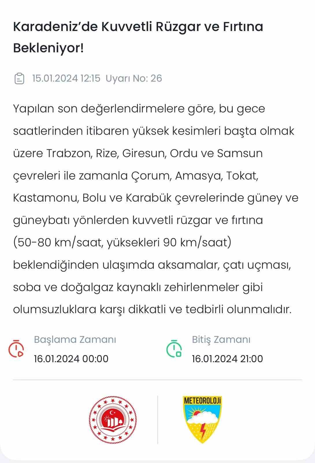 Karadeniz Bölgesi için fırtına uyarısı
