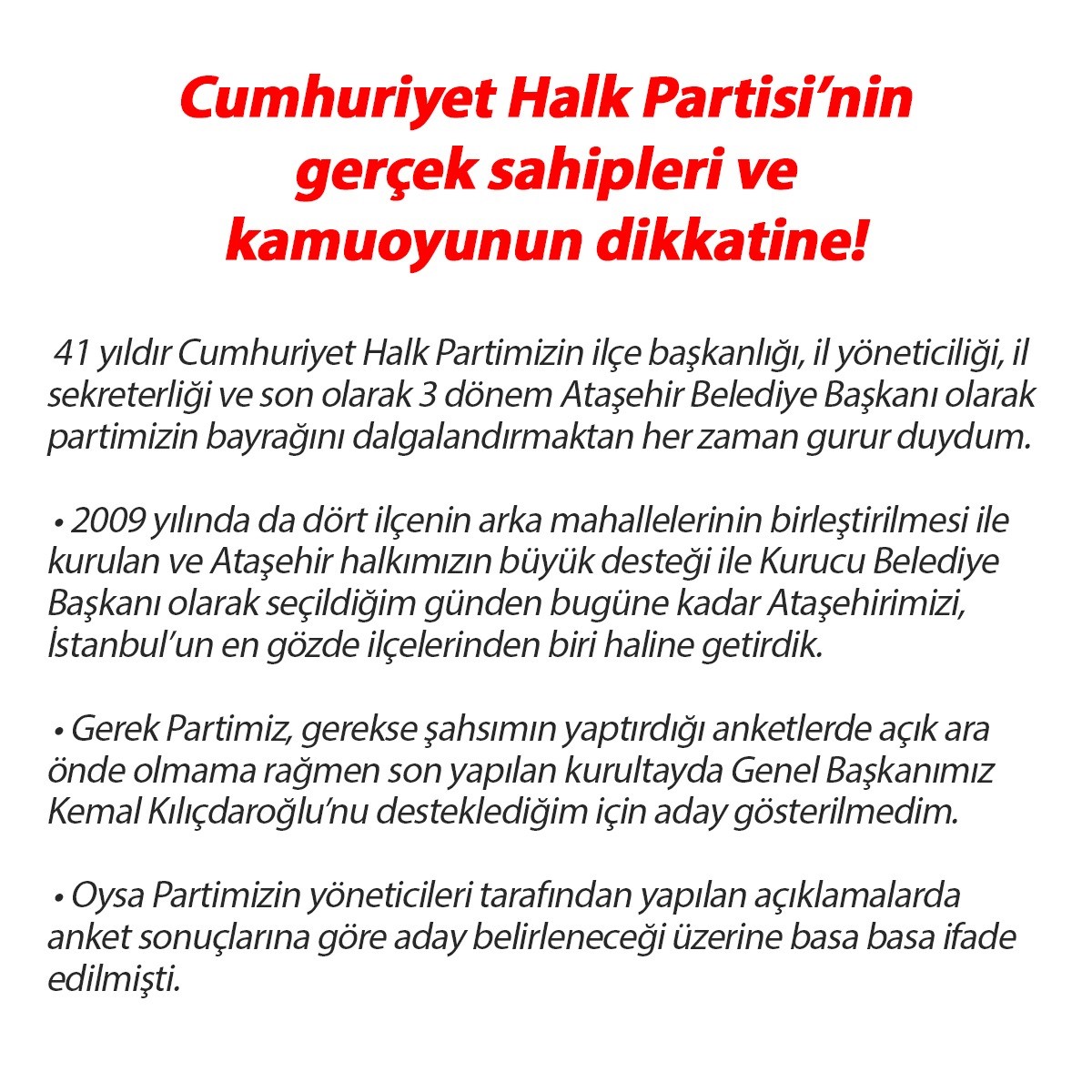 Ataşehir Belediye Başkanı Battal İlgezdi: “Battal İlgezdi aday gösterilmediği için istifa etmedi, CHP’nin kurumsal kimlik ve hiyerarşisini korumak adına istifa etti”