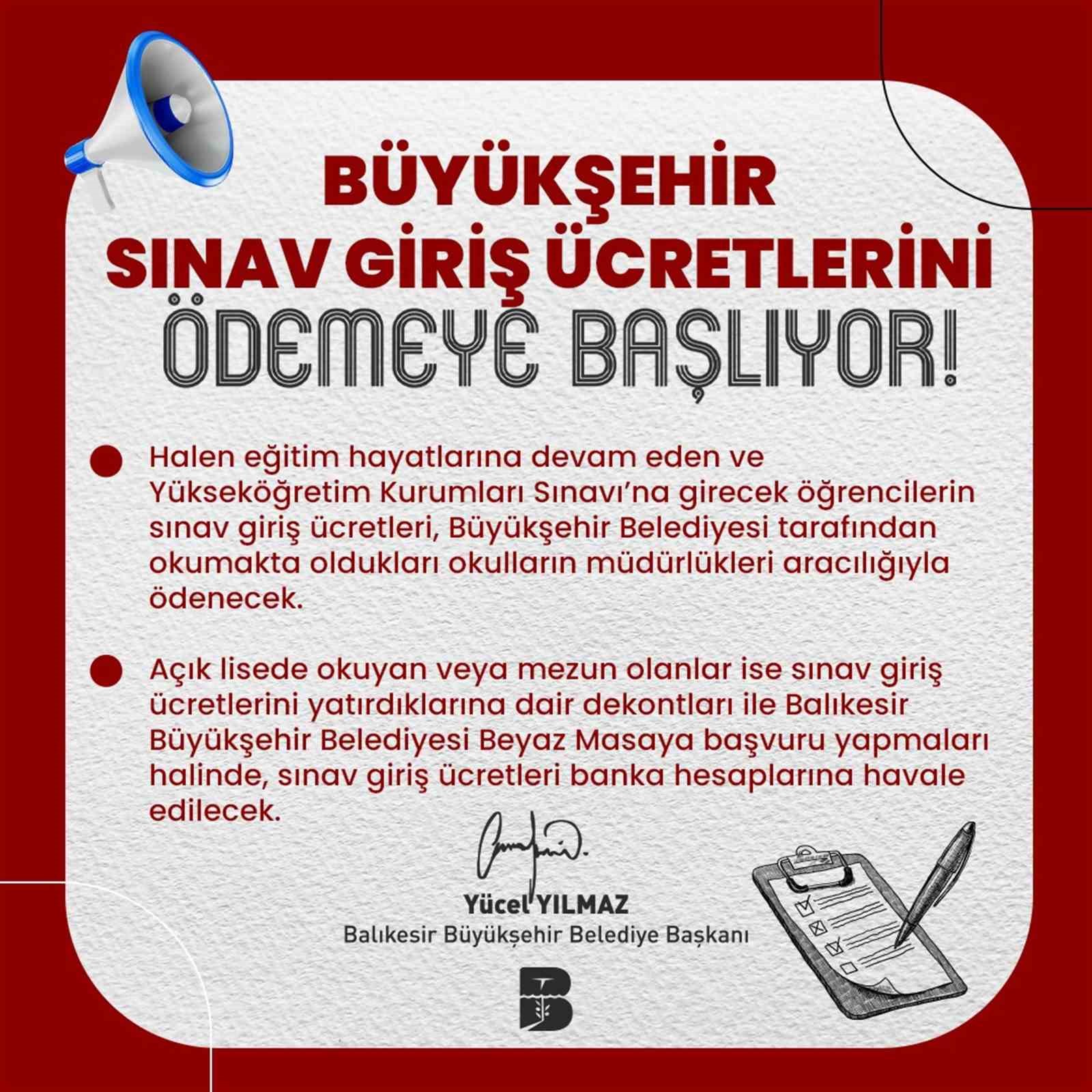Balıkesir Büyükşehir Belediyesi sınav giriş ücretlerini ödemeye başlıyor