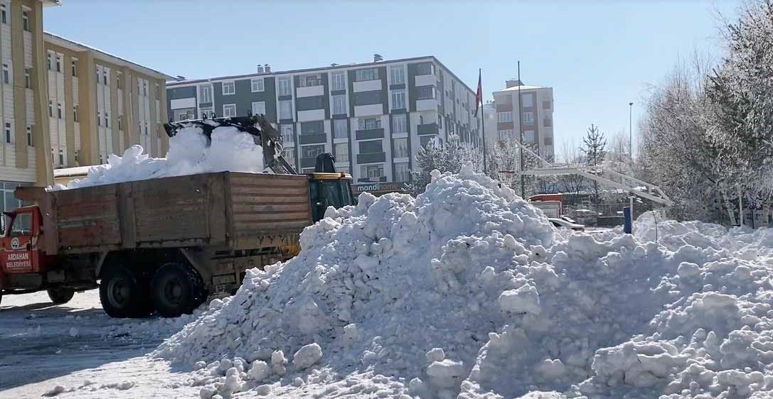 Kar yığınları kamyonlarla şehir dışına taşınıyor
