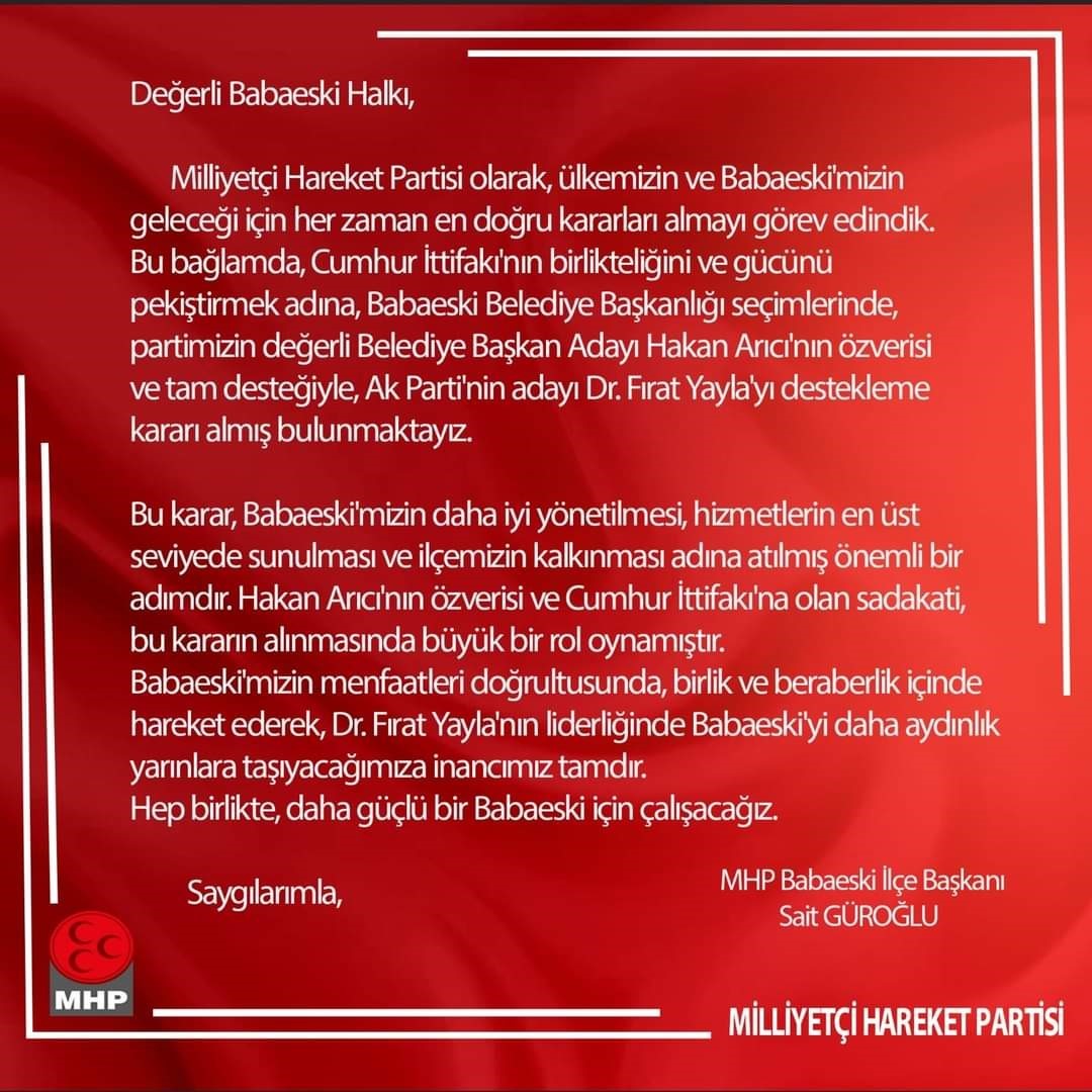 MHP Babaeski’de adayını geri çekti, AK Parti’yi destekleyecek