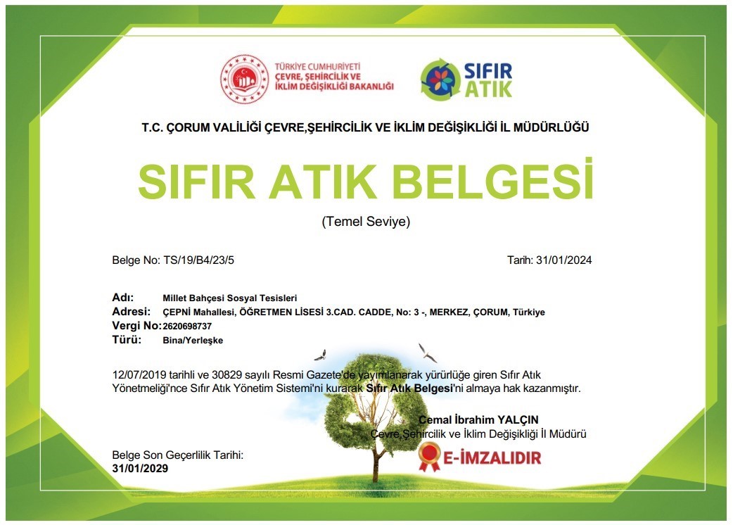 &Ccedil;orum Belediyesi sosyal tesisleri Sıfır Atık Belgesi aldı
