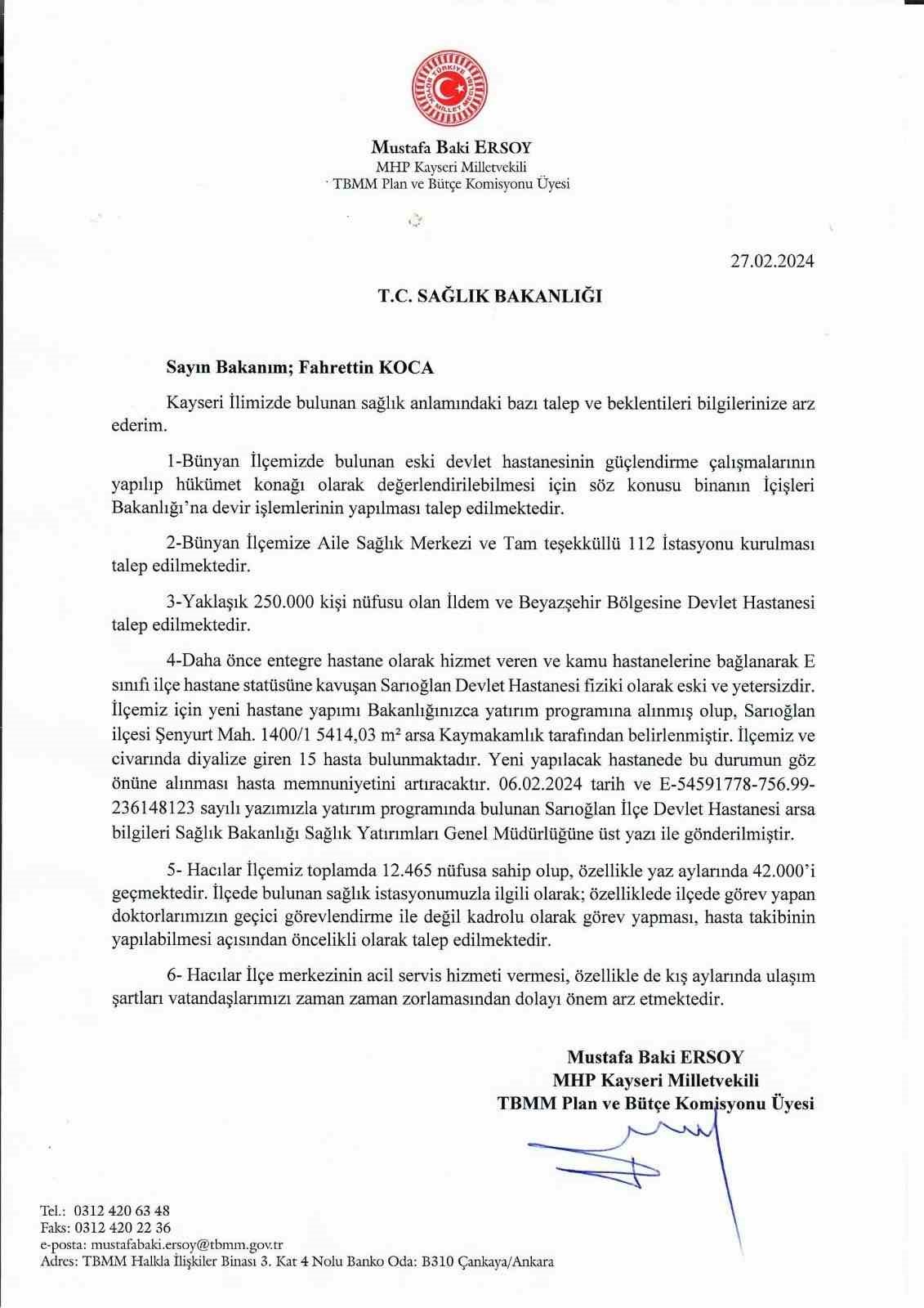 MHP&rsquo;li Ersoy, Bakan Koca&rsquo;ya il&ccedil;elerin taleplerini iletti
