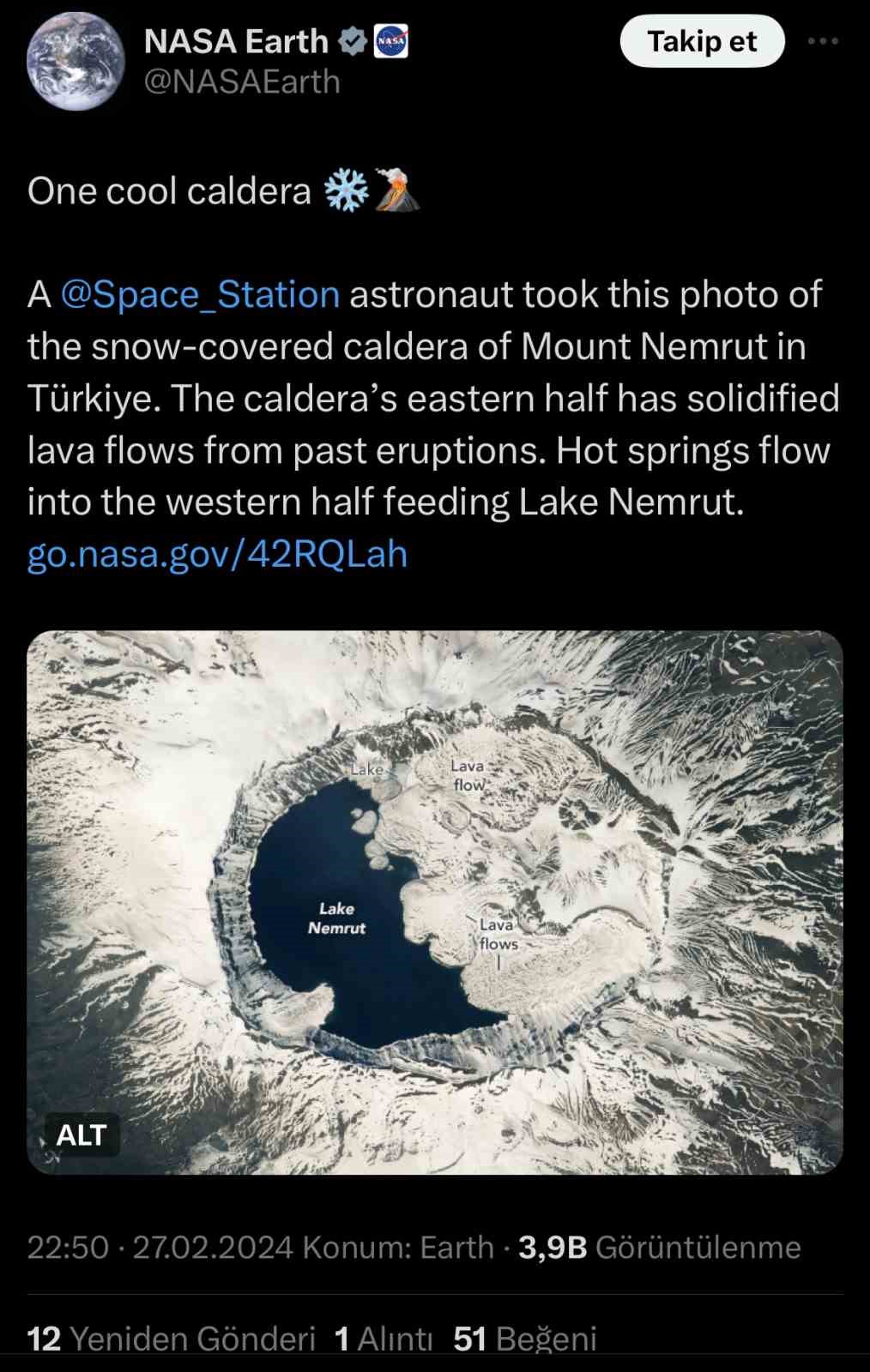 Nemrut Krater G&ouml;l&uuml; NASA astronotlarının g&ouml;zdesi oldu 