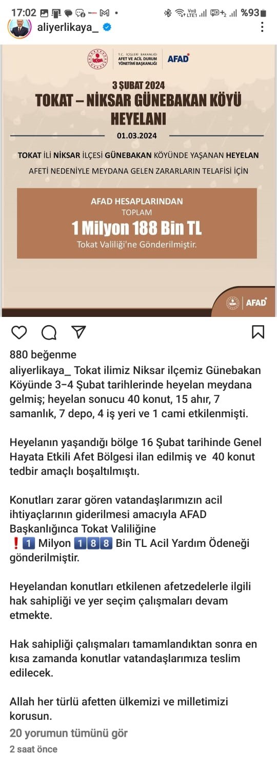 Tokat&rsquo;ta G&uuml;nebakan k&ouml;y&uuml;ndeki heyelan afeti i&ccedil;in 1 Milyon 188 Bin TL acil yardım aktarıldı
