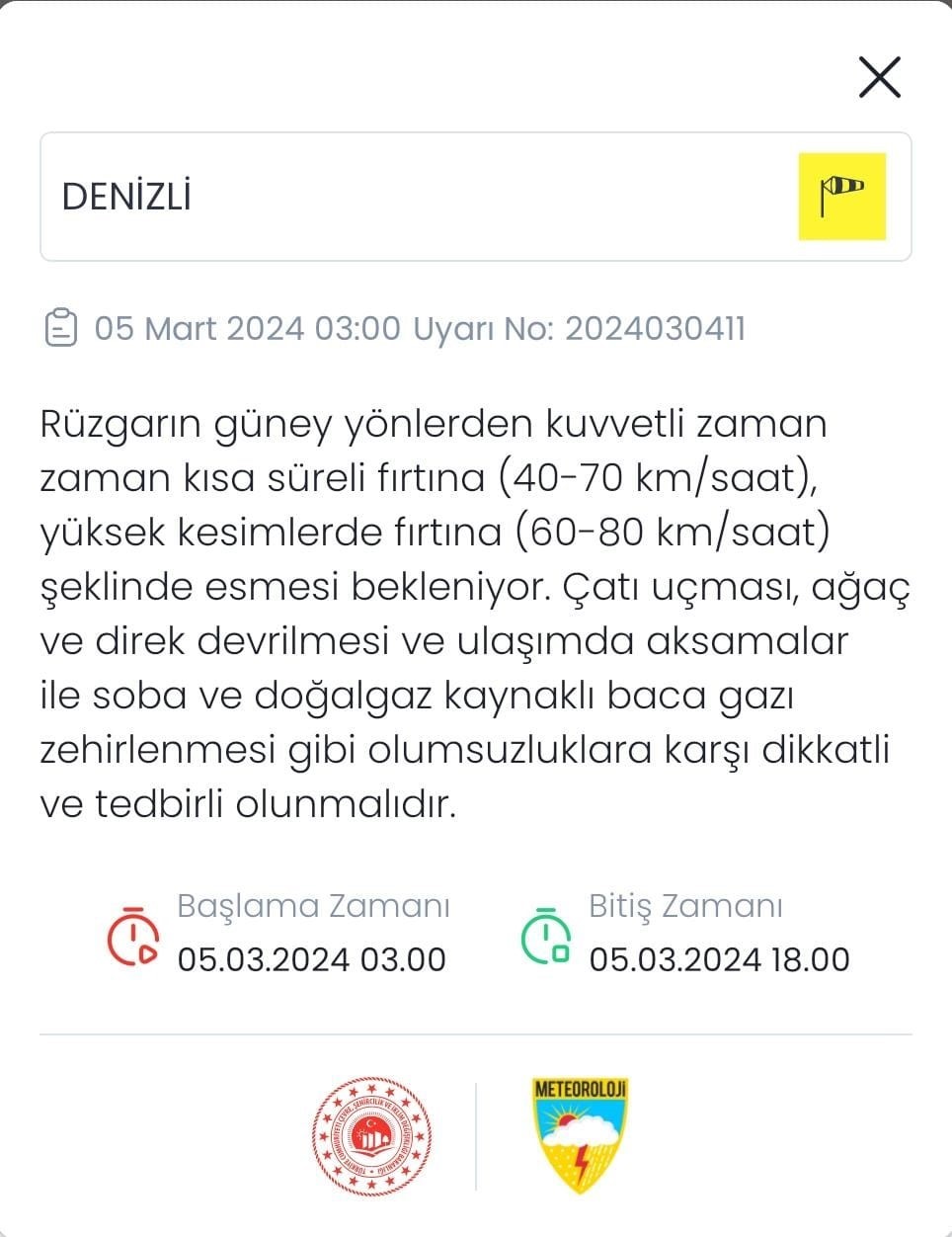 Meteoroloji Denizli için sarı uyarı verdi