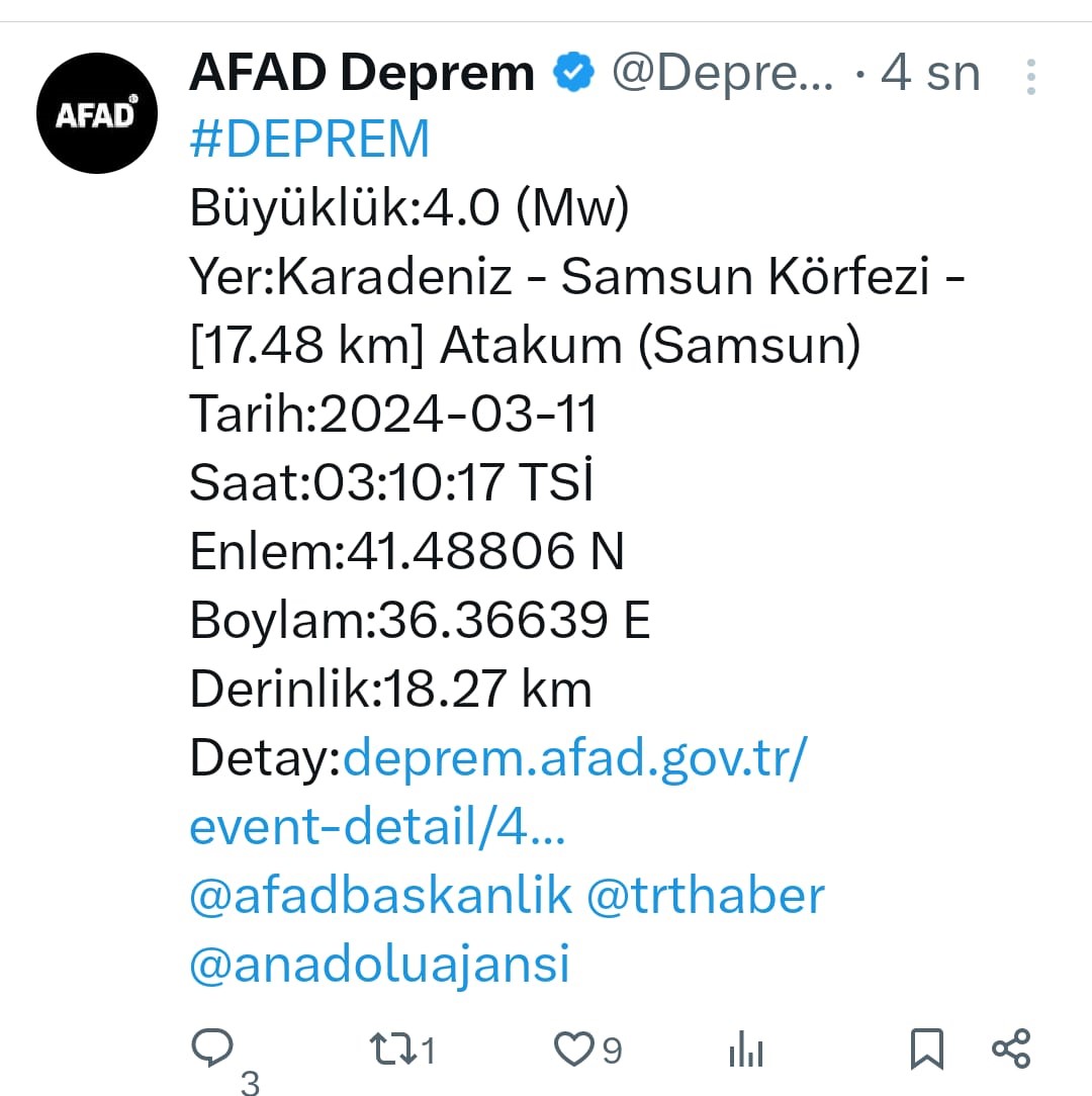 Samsun’da 4 büyüklüğünde deprem
