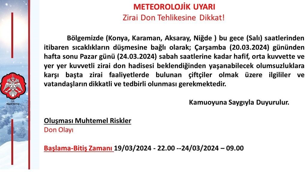 Niğde için "zirai don" uyarısı