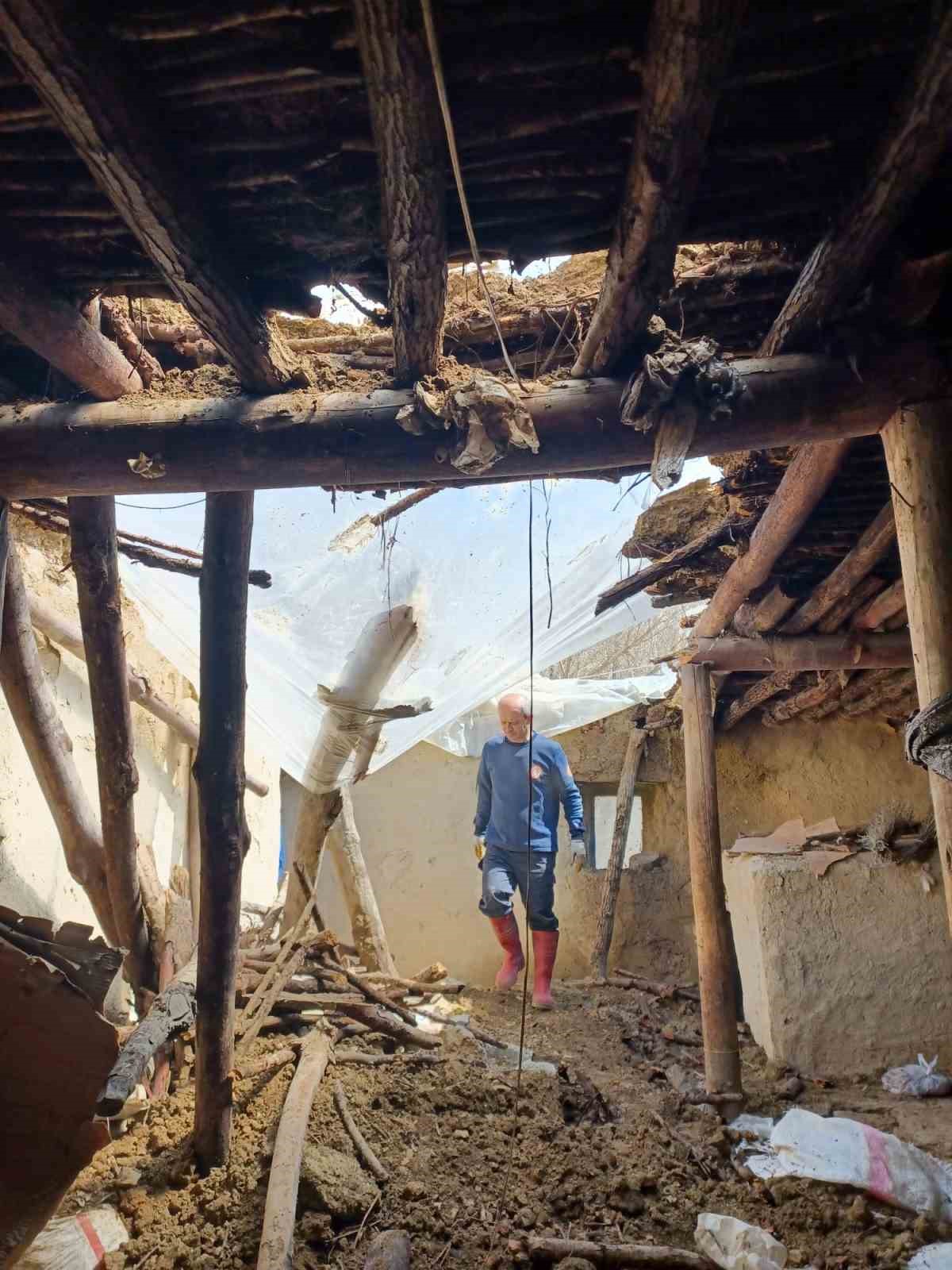 Yıkılan ahırda mahsur kalan inek kurtarıldı
