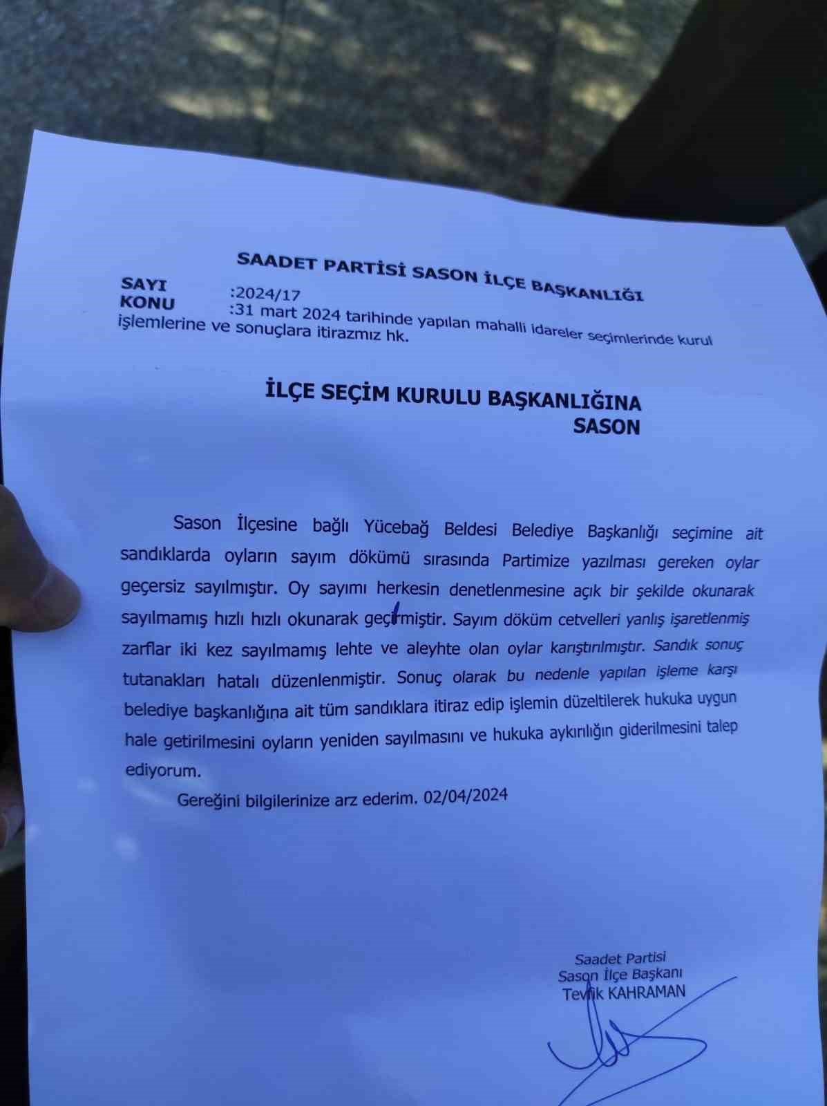 Saadet Parti, Sason ve Y&uuml;cebağ&rsquo;da se&ccedil;im sonu&ccedil;larına itiraz etti
