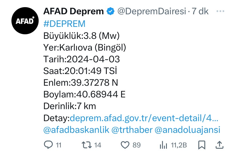 Bingöl’de 3.8 büyüklüğünde deprem