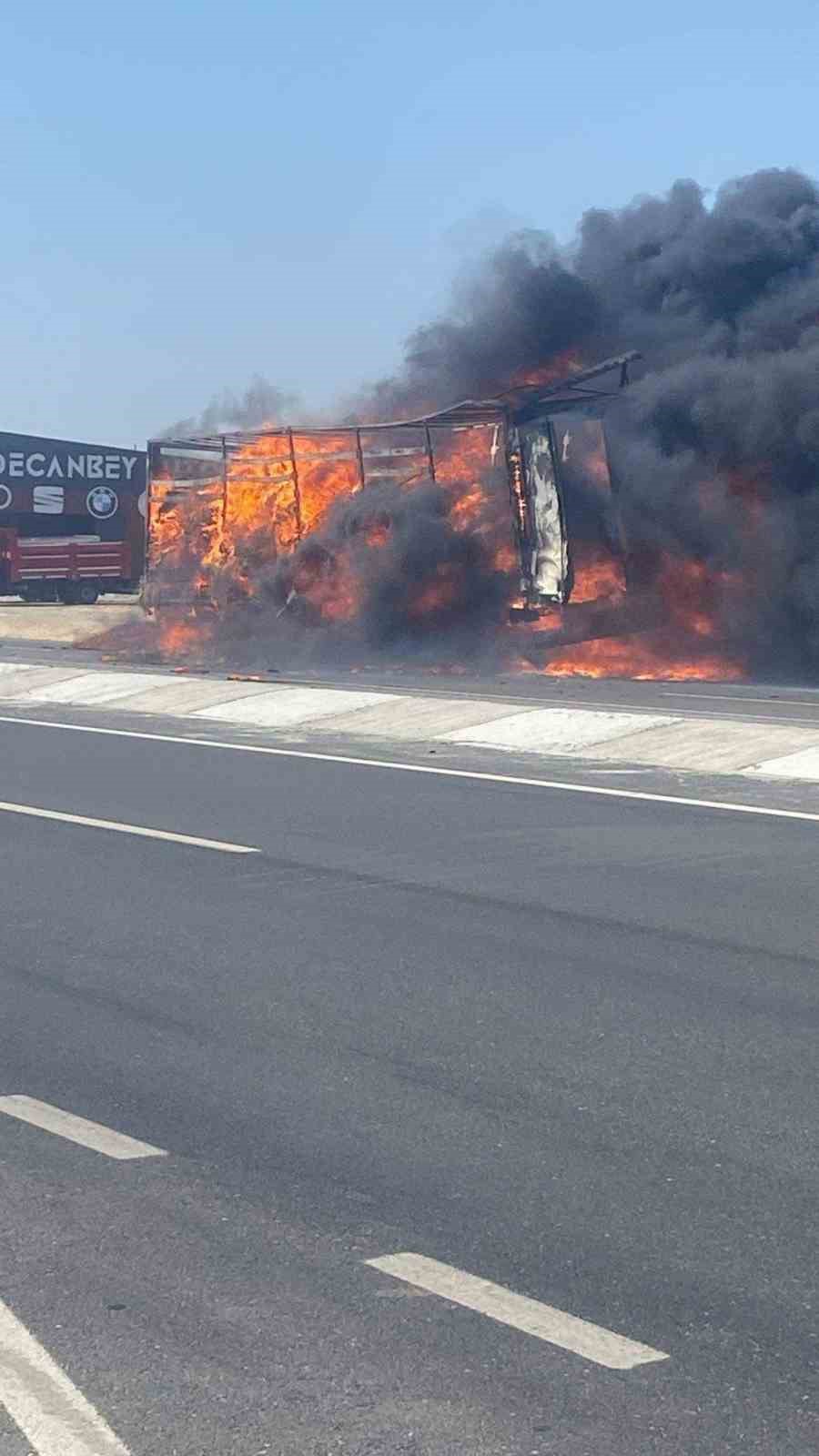 Seyir halindeki tırın dorsesi alev alev yandı

