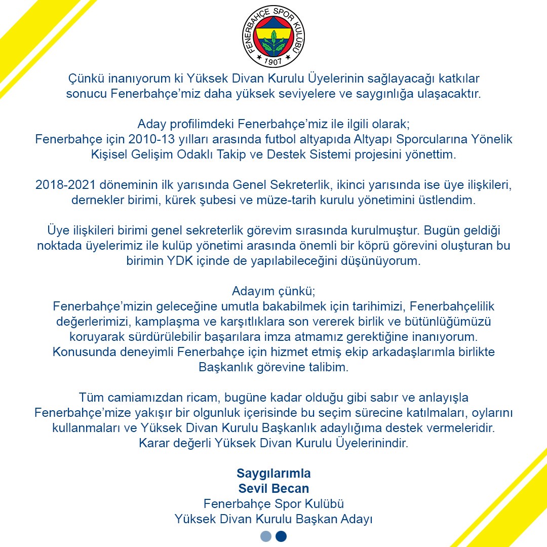 Sevil Becan, Fenerbahçe Yüksek Divan Kurulu Başkanlığı’na aday olduğunu duyurdu
