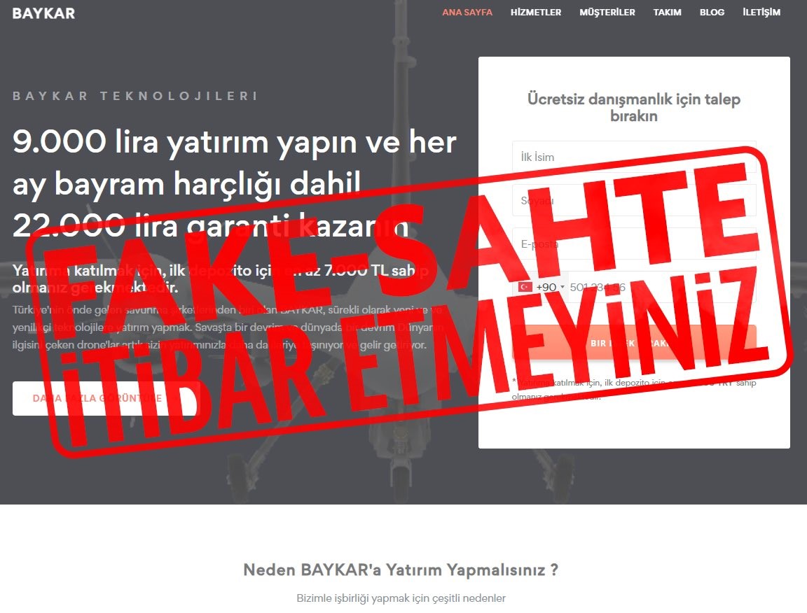 Baykardan yatrm dolandrclna kar uyar: Halka ak bir irket olmayan Baykar, hibir zaman yatrm teklifinde bulunmamaktadr