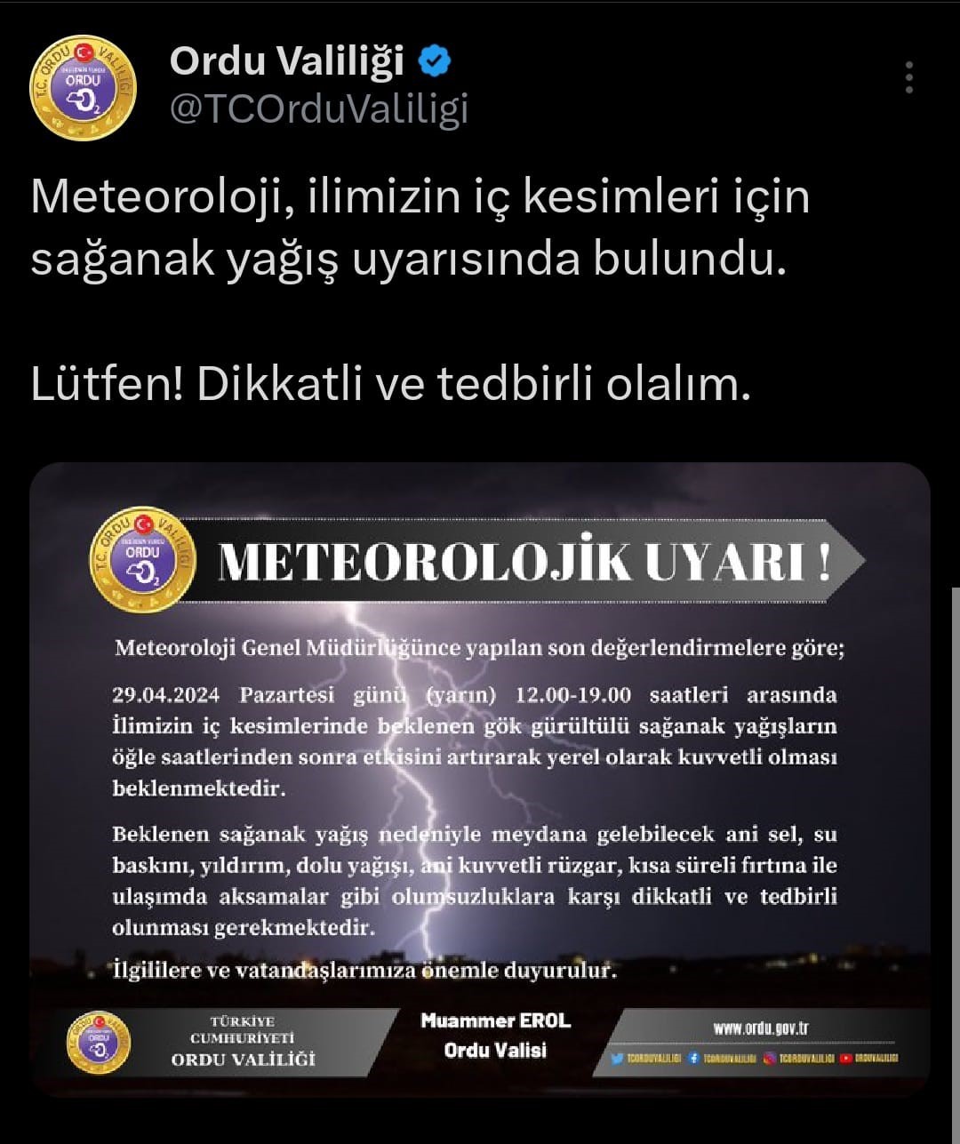 Ordu i&ccedil;in sağanak uyarısı
