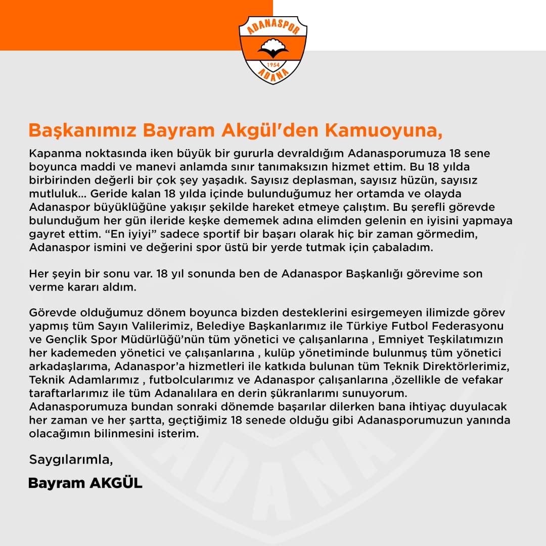 Adanaspor’da başkan Bayram Akgül istifa etti 