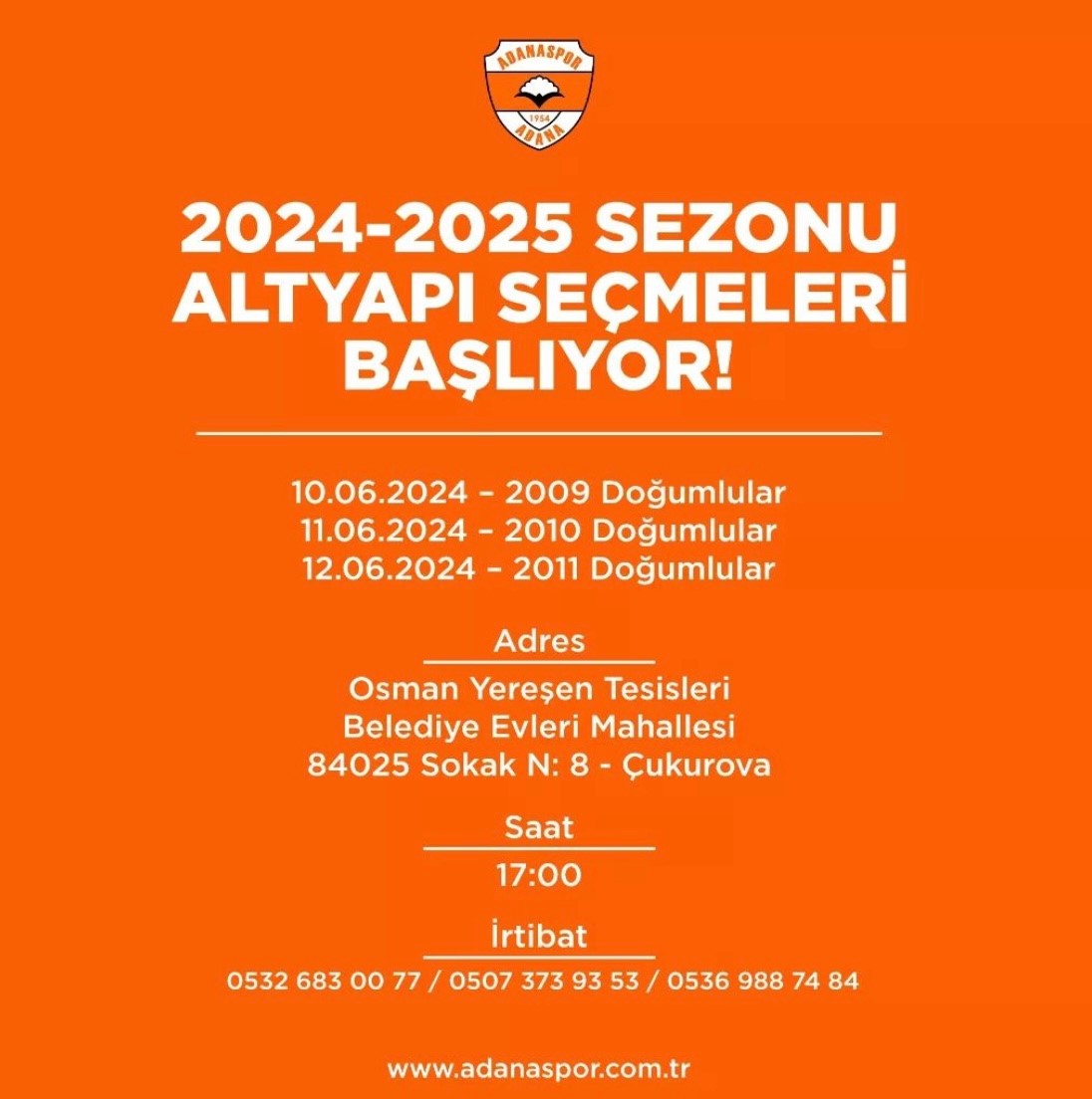 Adanaspor’da yeni sezonun altyapı seçmeleri başlıyor