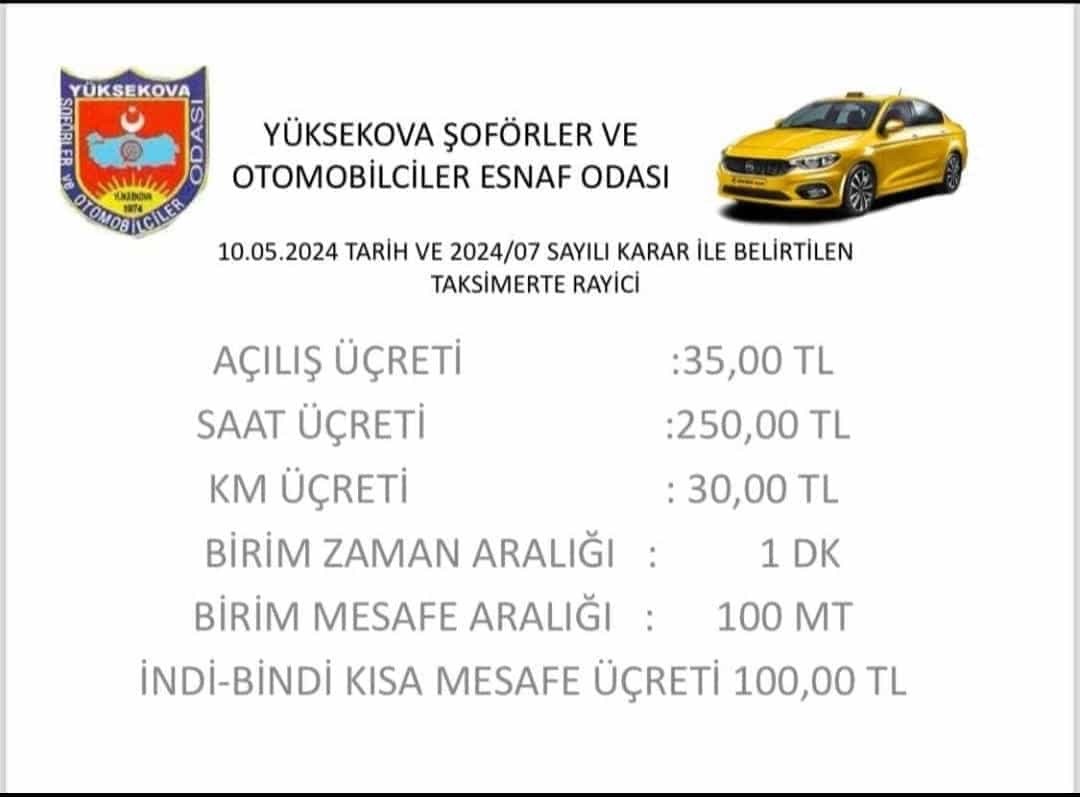 Y&uuml;ksekova&rsquo;da ticari taksi &uuml;cretlerine zam yapıldı
