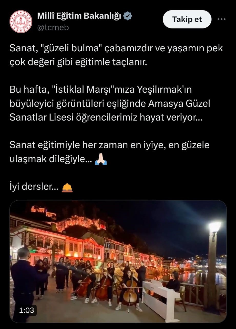 Milli Eğitim Bakanlığı, öğrencilerin çaldığı İstiklal Marşı’nı Amasya görüntüsüyle paylaştı
