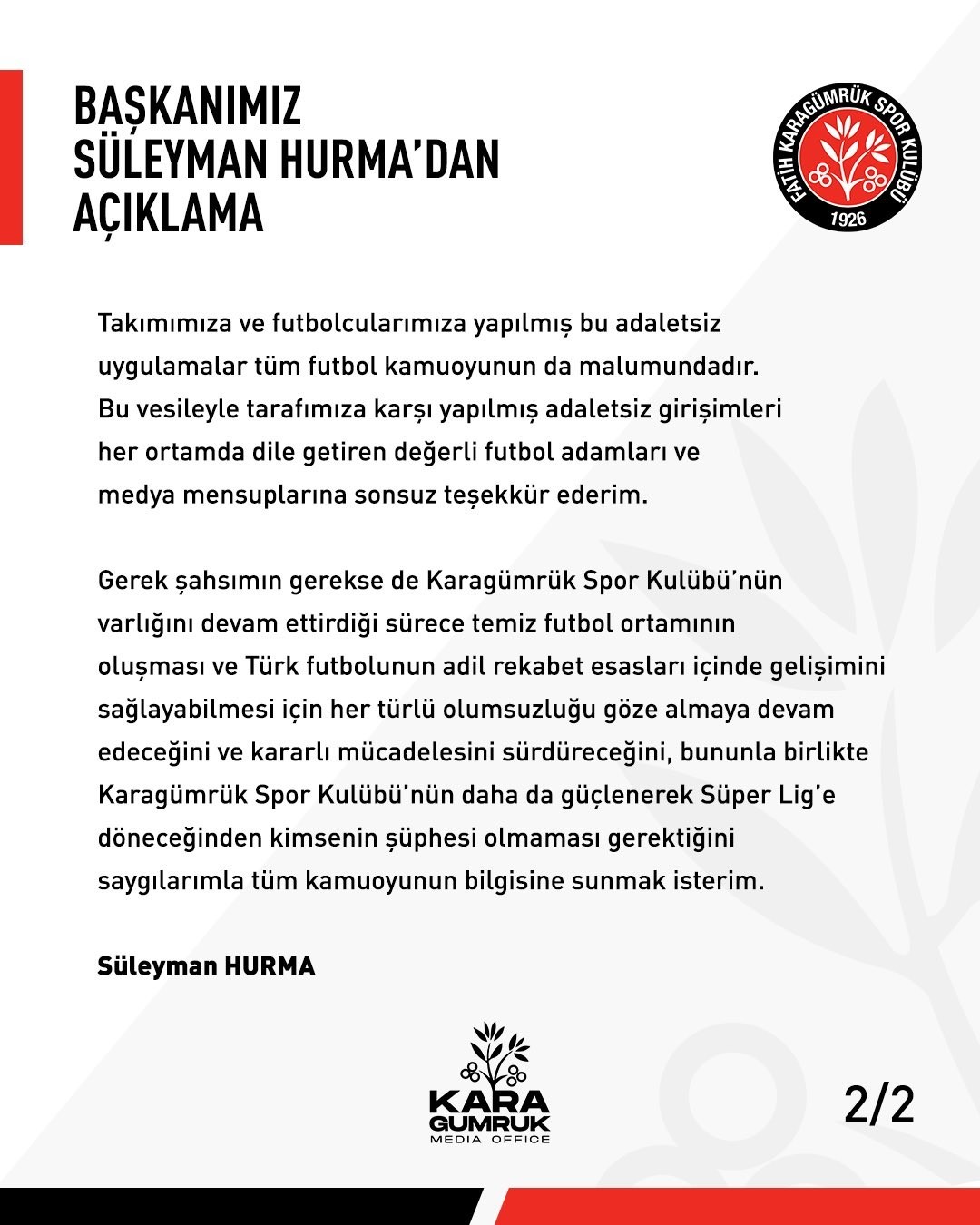 S&uuml;leyman Hurma: "Karag&uuml;mr&uuml;k&rsquo;&uuml;n daha da g&uuml;&ccedil;lenerek S&uuml;per Lig&rsquo;e d&ouml;neceğinden kimsenin ş&uuml;phesi olmasın"
