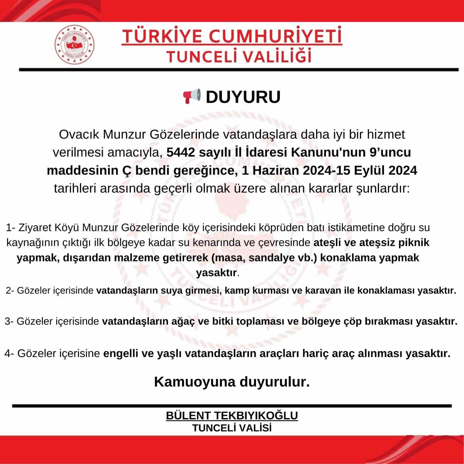 Tunceli Valiliği, Munzur gözelerinde yasak kararı aldı
