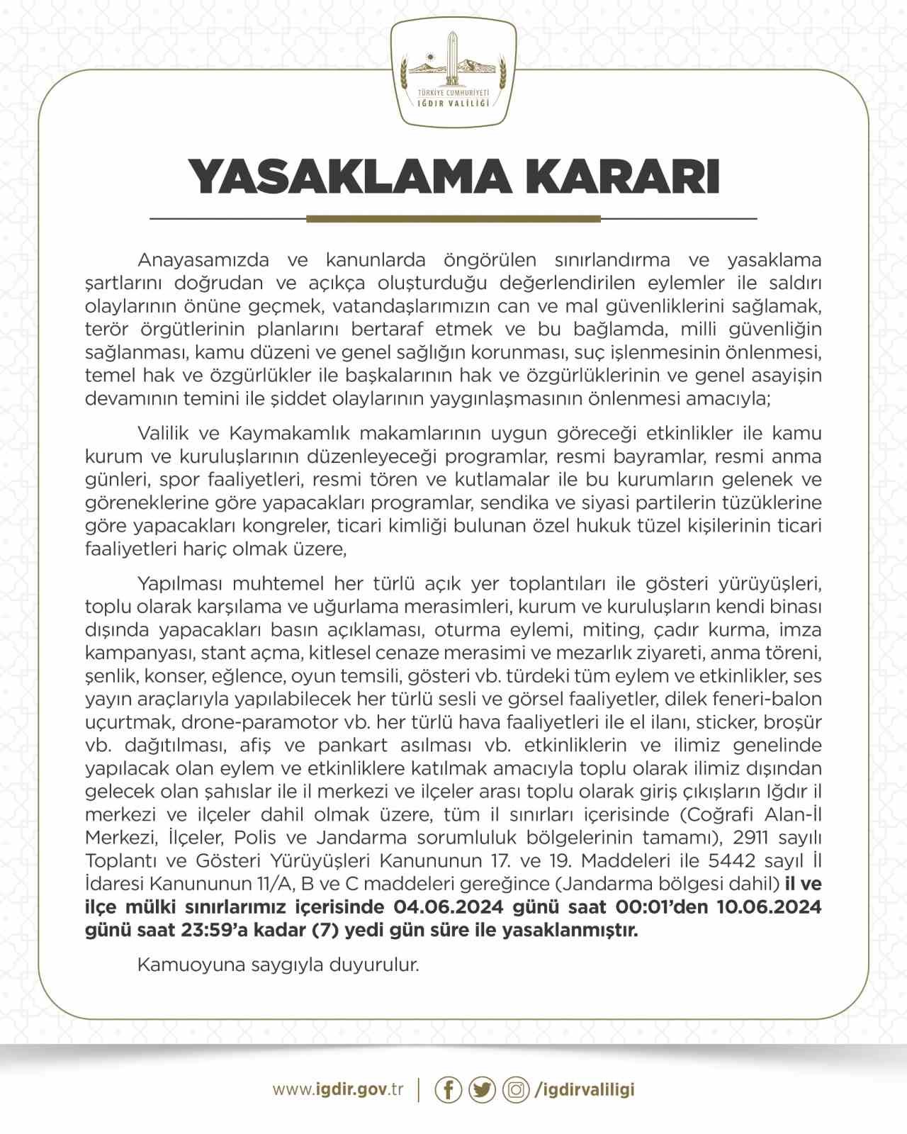 Iğdır’da gösteri yürüyüşü ve açık hava toplantı yasağı