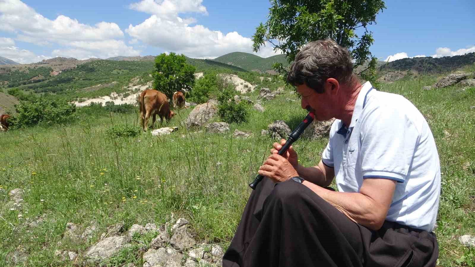 Bin 400 metre rakımdaki sürülerini "flüt" eşliğinde otlatıyor