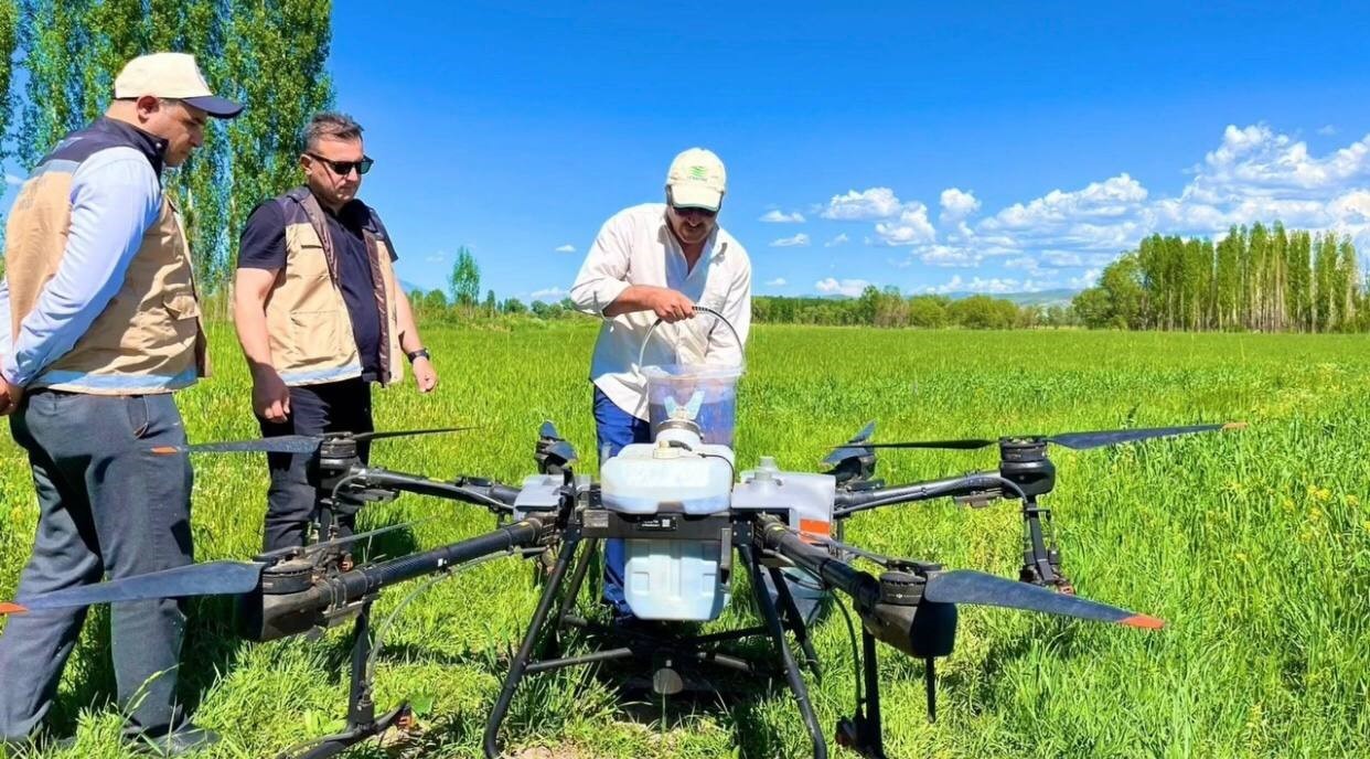 Tarım droneleri ile ilaçlama yapıldı
