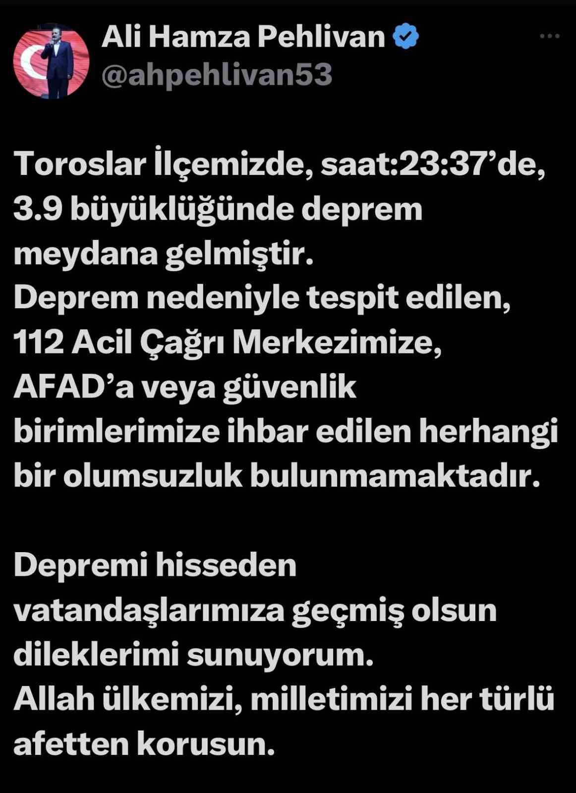Mersin&rsquo;de 3,9 b&uuml;y&uuml;kl&uuml;ğ&uuml;nde deprem korkuttu
