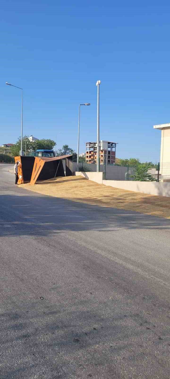Buğday y&uuml;kl&uuml; trakt&ouml;r devrildi, yol buğday ambarına d&ouml;nd&uuml;
