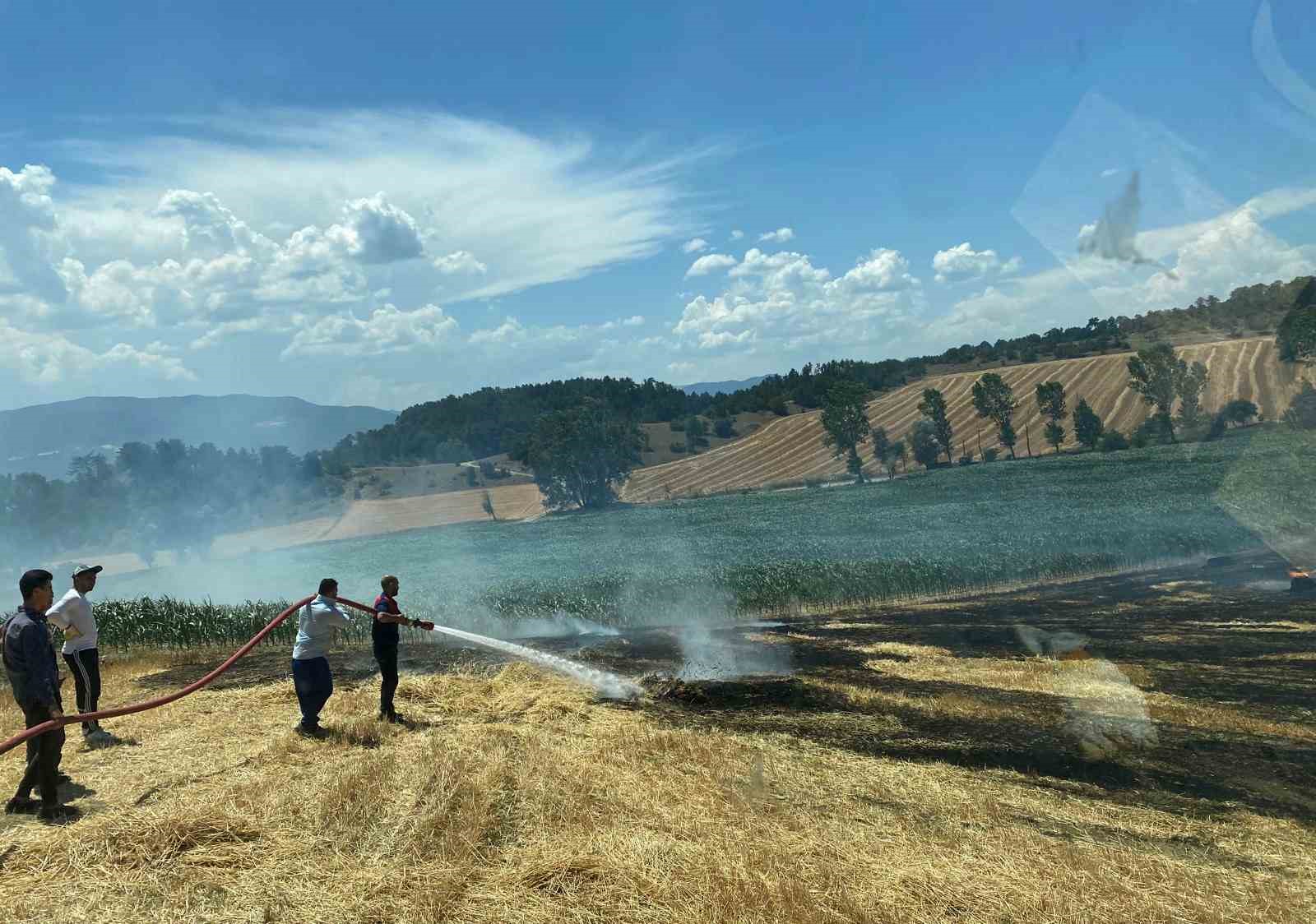 Arpa tarlası alev alev yandı
