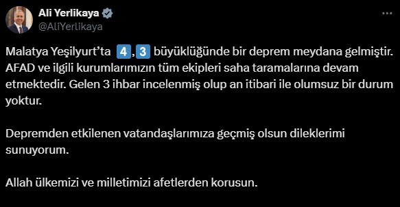 Malatya&rsquo;da 4.3 b&uuml;y&uuml;kl&uuml;ğ&uuml;ndeki deprem korku ve paniğe neden oldu
