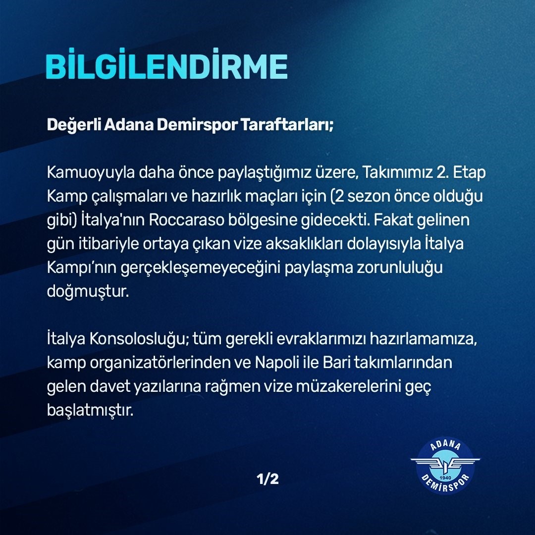 Adana Demirspor&rsquo;un İtalya kampına &rsquo;Vize&rsquo; engeli
