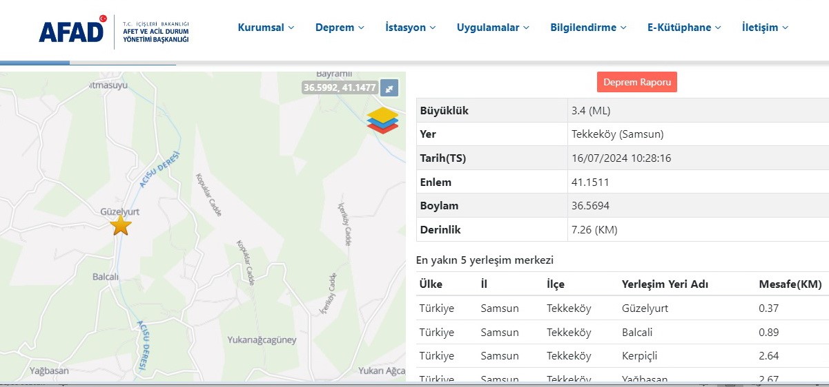 Samsun&rsquo;da 3.4 b&uuml;y&uuml;kl&uuml;ğ&uuml;nde deprem
