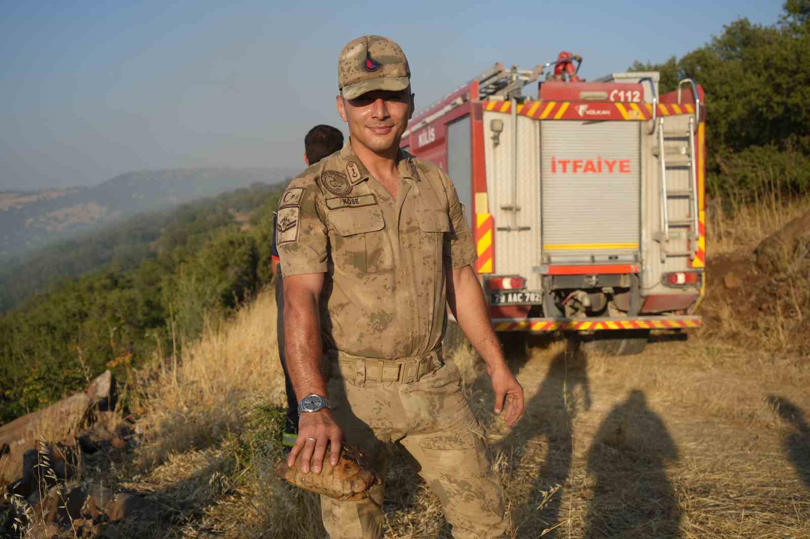 Kilis’te yangın ortasında kalan kaplumbağayı jandarma kurtardı