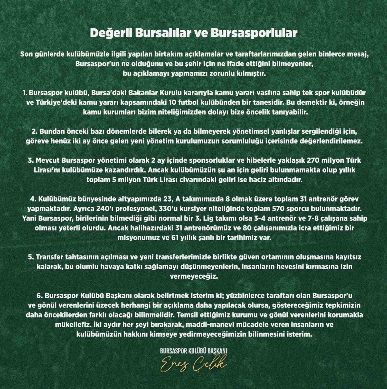 Bursaspor Başkanı Enes Çelik: “Bursaspor’un hakkını kimseye yedirmeyiz”
