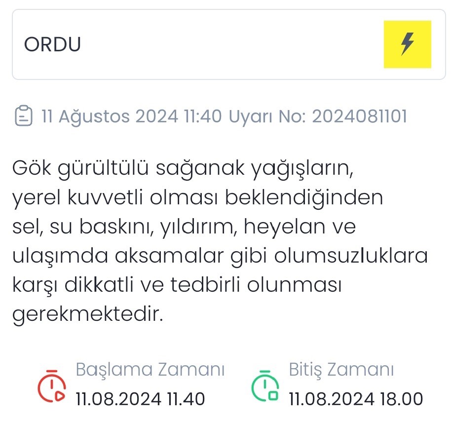 Meteoroloji’den Ordu için sarı kodlu uyarı