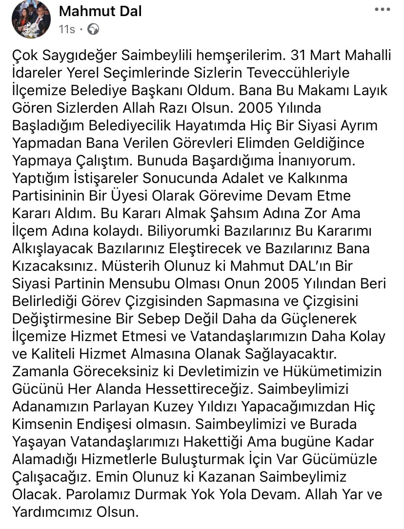 Saimbeyli Bağımsız Belediye Başkanı Mahmut Dal AK Parti&rsquo;ye ge&ccedil;ti
