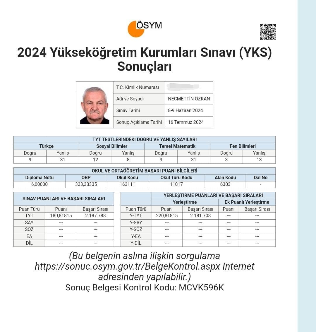 70 yaşında YKS’den 220 puan aldı, tercih yapmadı
