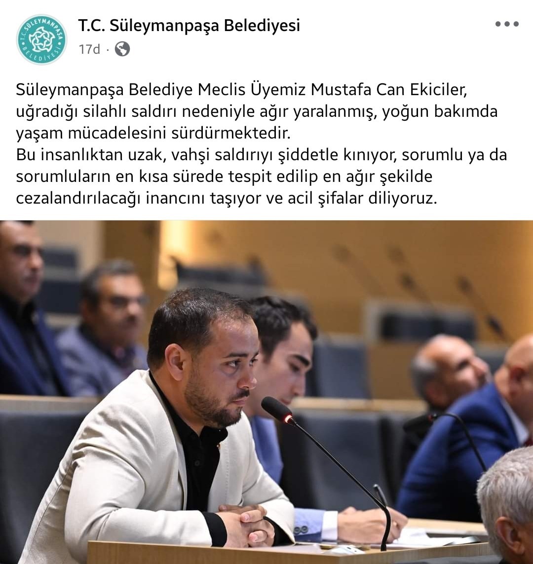 S&uuml;leymanpaşa&rsquo;da belediye meclis &uuml;yesine silahlı saldırı
