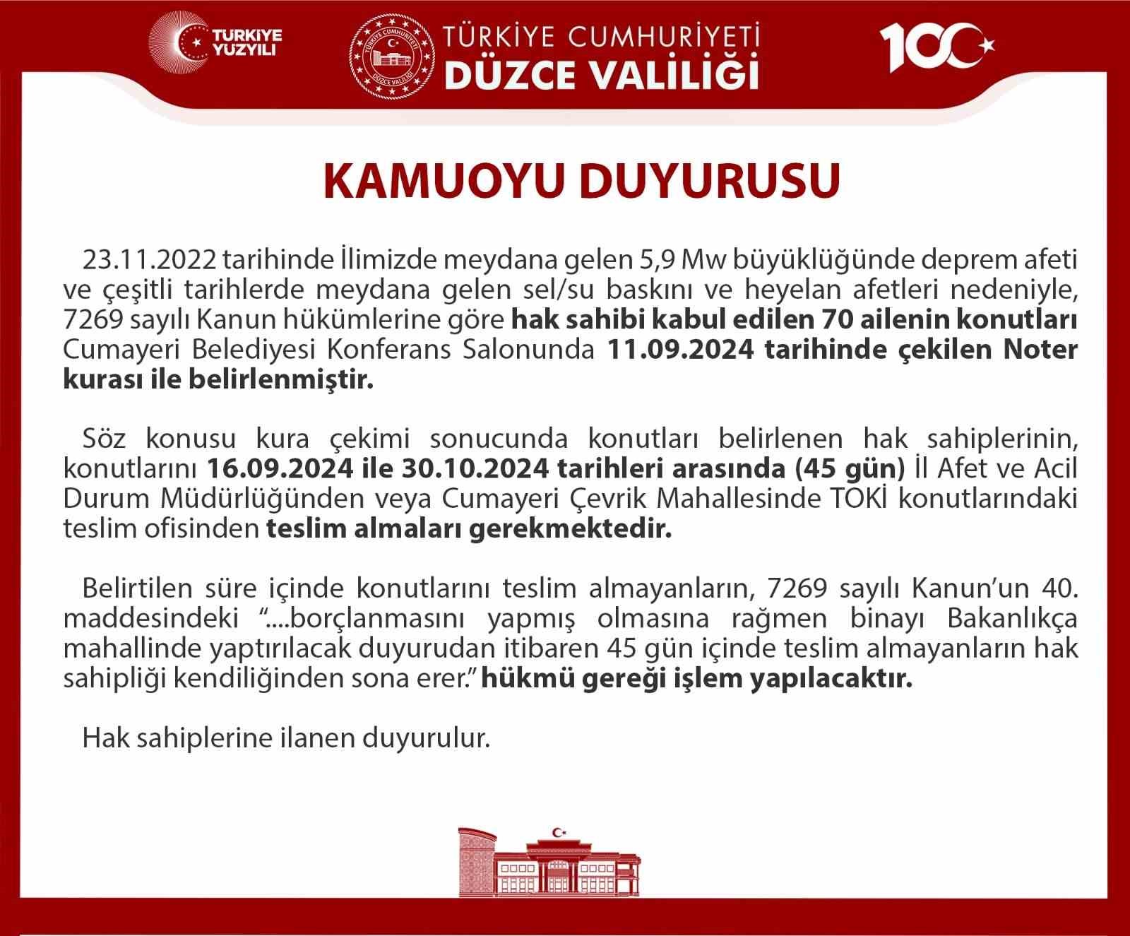 Düzce Valiliğinden &quot;konutunuzu teslim alın&quot; duyurusu