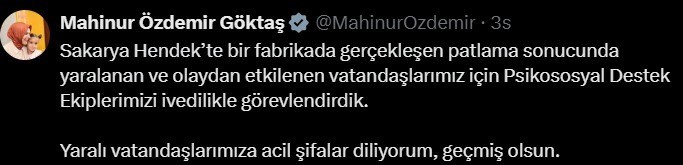 Bakan Göktaş: "Sakarya Hendek’te bir fabrikada gerçekleşen patlama sonucunda yaralanan ve olaydan etkilenen vatandaşlarımız için psikososyal destek ekiplerimizi ivedilikle görevlendirdik"
